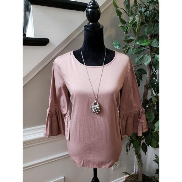 Como Vintage Trim Bell Sleeve Top Women's Size Medium Pink Cotton Boat Neck - Picture 11 of 11